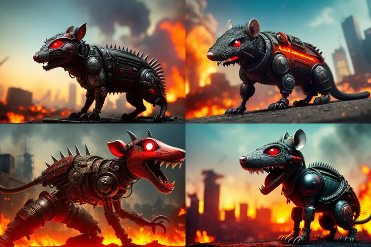 nasty toothy rat, with red eyes, made out of metal, cyborg, against the backdrop of a burning, ruined city, ((intricate details)), hdr, ((intricate details, hyperdetailed)), cinematic shot, vignette, in motion