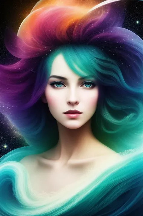 whimsical cosmos elegant galaxies stars nebula maximalism with a wave of hair flowing and floating in misty soft colors, silhouette of a goddess, photogenic expression, photogenic pose, intricate, aqua, soft apricot, smoke fractal, moody and big scale realistic planets, octane render, by josephine wall art, isabelle menin, Jean, amy brown
