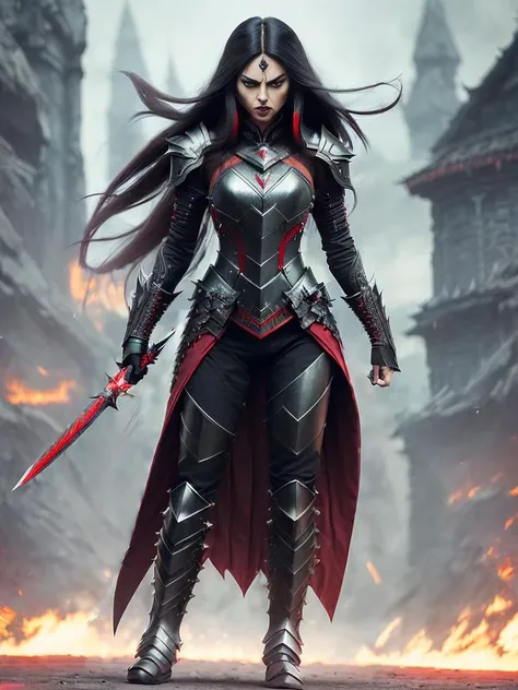 ((((segmented armor, full body, face, long hair, angry, woman)))), khornate assassin, black with red trim, big eyes, teeth, fangs, cinematography, crafted, elegant, meticulous, magnificent, maximum details, extremely hyper aesthetic, intricately detailed, ((detailed face)), sharp focus, long knife, open helmet,