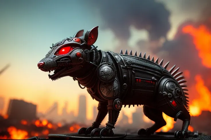 nasty toothy rat, with red eyes, made out of metal, cyborg, against the backdrop of a burning, ruined city, ((intricate details)), hdr, ((intricate details, hyperdetailed)), cinematic shot, vignette, in motion