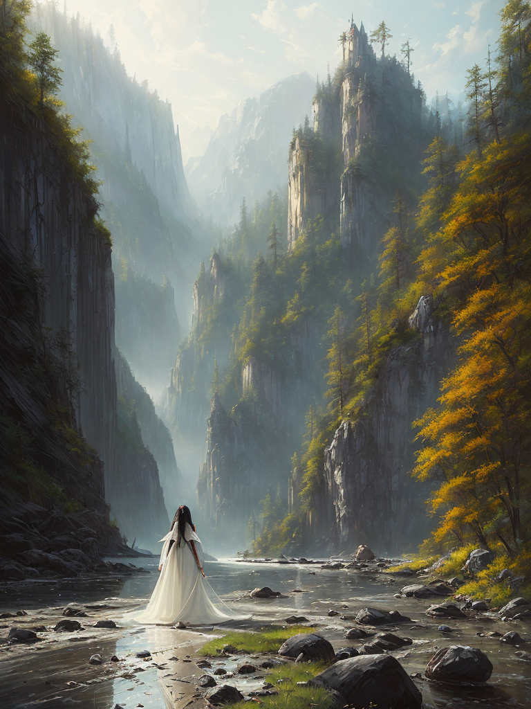 Painting of a woman in a white dress standing in a river - SeaArt AI