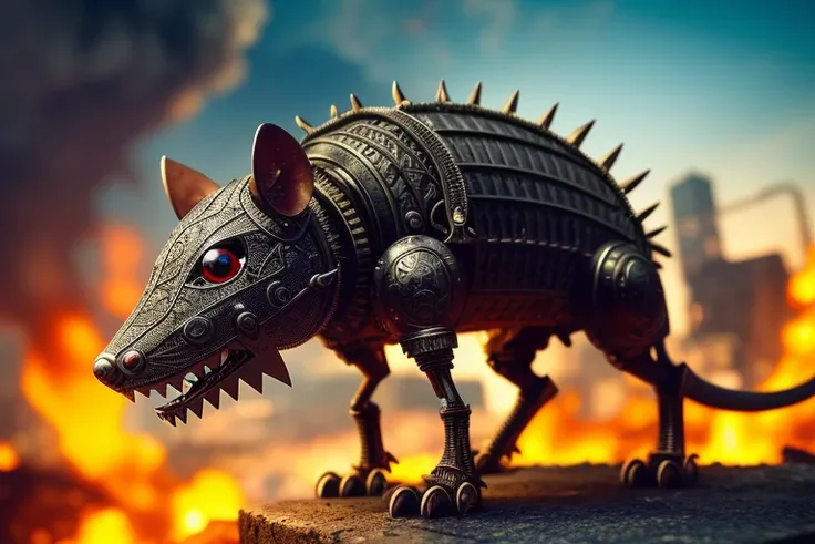 nasty toothy rat, made out of metal, cyborg, against the backdrop of a burning, ruined city, ((intricate details)), hdr, ((intricate details, hyperdetailed)), cinematic shot, vignette, in motion