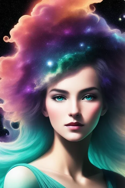 whimsical cosmos elegant galaxies stars nebula maximalism with a wave of hair flowing and floating in misty soft colors, silhouette of a goddess, photogenic expression, photogenic pose, intricate, aqua, soft apricot, smoke fractal, moody and big scale realistic planets, octane render, by josephine wall art, isabelle menin, Jean, amy brown