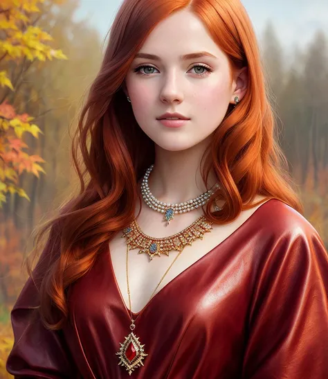 8k, (detailed autumn background), incredible quality, (age16 yo), a pretty redhead girl in a luxurious dress, [oil leather : pearl leather : 10], ruby crown, diamond necklace, (complex oil painting:1.1), great detail, light, photorealisti painting art by Greg Rutkowski, perfect
