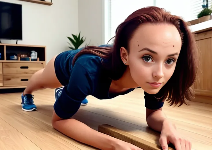 a girl 30 y.o eyes looks at camera, (((plank challenge))), ((((forehead view:1.15)))), ass looks in the back wall
