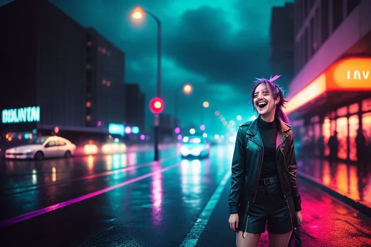 a young woman, street, laughing, ponytails, (hdr:1.3), (muted colors:1.2), dramatic, complex background, cinematic, filmic, (rutkowski, artstation:0.8), soaking wet, dark sky, neon light