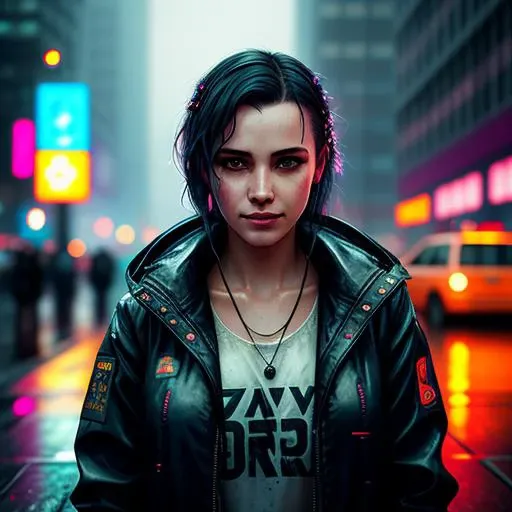 cyberpunk smiling girl, under rain, short jacket, dramatic, hdr, complex background, cinematic, filmic, (rutkowski, artstation:0.8), soaking wet
