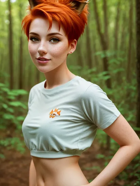 a closeup portrait of a playful foxie woman, undercut hair, women's shirt, amazing body, pronounced feminine feature, forest, ginger hair, freckles, flirting with camera