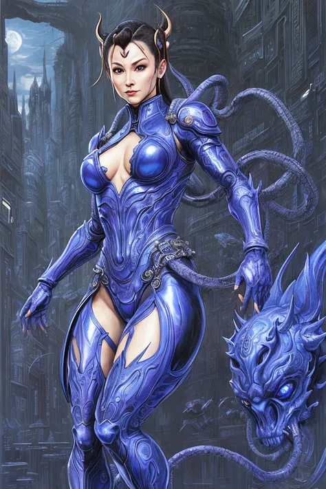 (fullbody:1.3), (corrupted:1.2) (Chun-li:1.2), detailed eyes, looking at the camera, (smirk:1.4), intricate background, hyper detailed background, by H.R. Giger, by Wayne Barlowe, by Zdzislaw Beksinski, by Wayne Barlowe, by Zdzislaw Beksinski