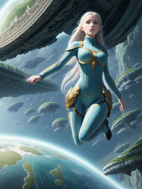 European girl, (tight soft light suit), (pale skin:1.3), beautiful eyes, 4k, ((perfect anatomy)), (((extreme detail))), (((in surreal planet Raphael Lacoste))) ,(((flying ships))),concept art, raw, detailed background, complex background, wallpaper, poster, sharp focus, hyperrealism, insanely detailed, lush detail, filigree, intricate, crystalline, perfectionism, max detail, 4k uhd, spirals, tendrils, ornate, HQ, angelic, decorations, embellishments, masterpiece, hard edge, breathtaking, embroidery,bloom
