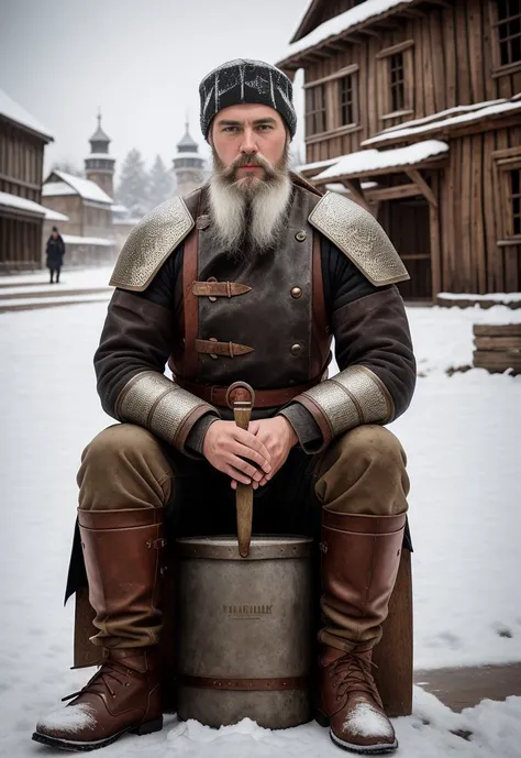 Slavic man, full body, (old shabby:1.3) leather armor, beard, (hammer in hand:1.2),sit, background of the ancient city, snowfall, Fujifilm X-T4, 35 mm, cinematic lighting