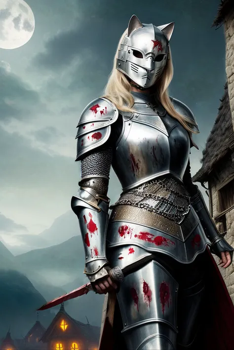 a( beautiful woman:1.4) in the armor of a knight, against the backdrop of a night village, (cat mask:1.4) ,(blonde hair:1.2),beautiful hands,bloody prints,full moon,bloody blade.
(atmosphere:1.3) , (fog:1.1)