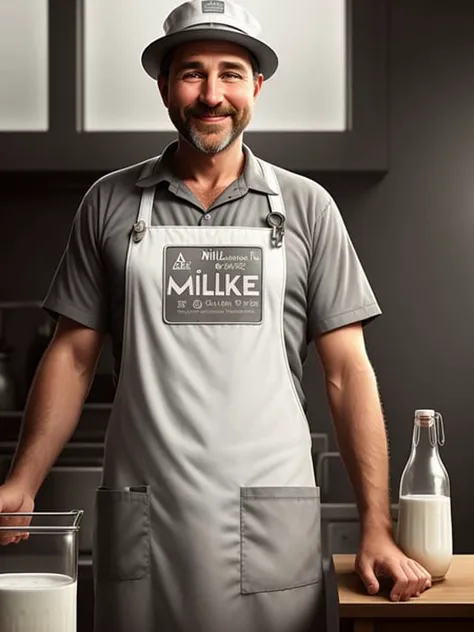 a 42 yo milkman, smiling, (milk bar:1.2), (gray apron:0.9), cook hat, artstation, (epic realistic:1.2), (hdr:1.3), (dark shot:0.7), intricate details, [[rutkowski]], intricate, cinematic, detailed