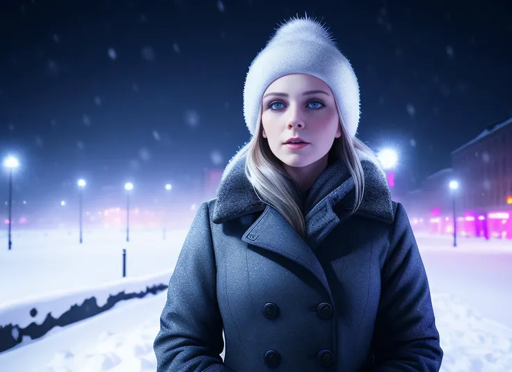 a portrait of a russian woman, winter clothes wearing, at the city, (snowfall:1.2), night, winter vibes, winter, fog, (neon:0.7), high resolution RAW artwork, 8k, insane details, detailed background, 24mm, bokeh on background, (digital artwork:1.1)