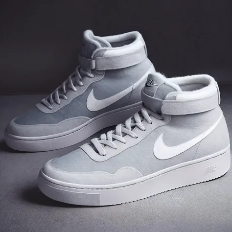 a photo of Felted nike high sneakers, desaturated pastele colors, advertising photography, RAW, Lightroom, solid color background, high detailed