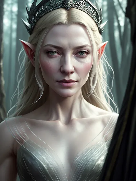 High detail RAW color art, animation, white skin, 
(young Cathe Blanchett:1.2) as Galadriel from LOTR walks on the surface of the water, (pointy ears), in sequoia forest, elf ears, ((cartoon style)), ((lord of the rings)), mystical, elegant, beautiful face, elven forest, sheer white silk airy dress, luxury elegant tiara, (((domineering look))), danger, (fear and horror), mordor, negative view, creepy, dark magic,

magical atmosphere, (muscle), (detailed skin, skin texture), intricately detailed, fine details, hyperdetailed, raytracing, subsurface scattering, diffused soft lighting, shallow depth of field, by (Oliver Wetter)
Atey Ghailan, by Jeremy Mann, Greg Manchess, Antonio Moro, trending on ArtStation, trending on CGSociety, Intricate, High Detail, Sharp focus, dramatic, photorealistic painting art by midjourney and greg rutkowski, bokeh on background