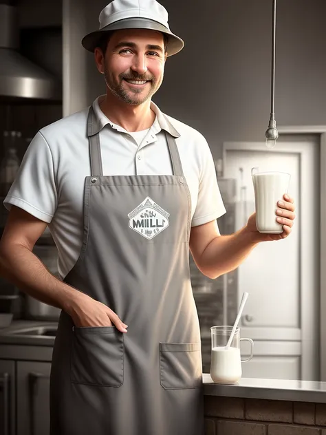 a 42 yo milkman, smiling, (milk bar:1.2), (gray apron:0.9), cook hat, artstation, (epic realistic:1.2), (hdr:1.3), (dark shot:0.7), intricate details, [[rutkowski]], intricate, cinematic, detailed