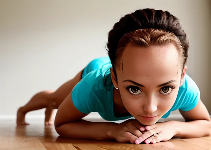 a girl 30 y.o eyes looks at camera, (((plank challenge))), ((((forehead view:1.15)))), ass looks in the back wall