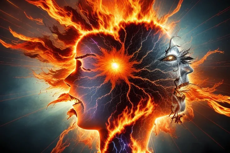 Bright rays of chaos
Generated by subconsciousness
Retribution by own thoughts
Twisting the mind into fits
Fueled with pains unveiled
Burning with contamination
Set afire by disowned self-lies
They penetrate the eyes