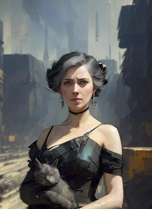 A haughty lady, gray hair, in a black dress with open shoulders, with a cat in her arms, stands in the middle of an industrial area of the city
([19th|20th] century, 1928:1.0)
(Richard Anderson, Greg Rutkowski:0.8)
(Artstation:0.8)
(expressionism, abstractionism:1.4)
(8k textures, ultra detailed, hyperdetailed:1.6)