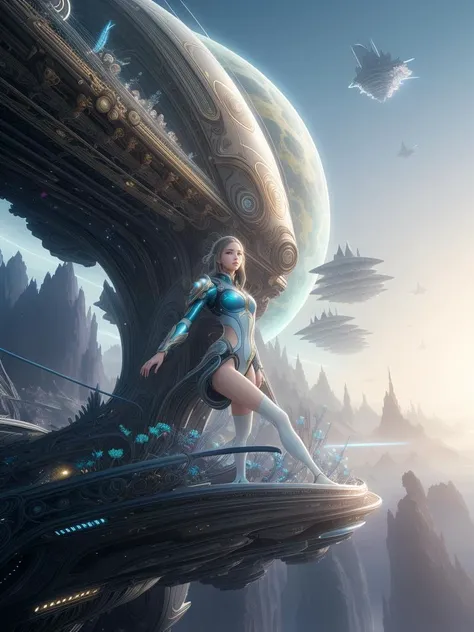 European girl on flying platform, (tight soft light suit ), (pale skin:1.3), beautiful eyes, 4k, ((perfect anatomy)), (((extreme detail))), (((in surreal planet Marc Jessica Rossier,Wayne Barlowe))) ,(((flying ships))),concept art, raw, detailed background, complex background, wallpaper, poster, sharp focus, hyperrealism, insanely detailed, lush detail, filigree, intricate, crystalline, perfectionism, max detail, 4k uhd, spirals, tendrils, ornate, HQ, angelic, decorations, embellishments, masterpiece, hard edge, breathtaking, embroidery,bloom