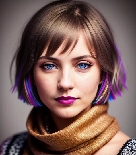 portrait of a Ukrainian woman, ( detailed grain skin:1.3), scarf around the neck, (mole), (she bit her lower lip:1.3), Bob haircut, (messy hair:1.4),  [gray : blue: 20] eyes, (tears in his eyes), (glossy eyes:1.1), adobe lightroom, photolab, hdr, 50mm camera, studio lighting, professional, (colorful background:1.3)
