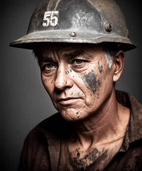 a photo of a miner, tired look, 55 years old man, face stained with coal, helmet with a flashlight, deep wrinkles, 85 mm focal lenth, Lightroom, Hasselblad 907X