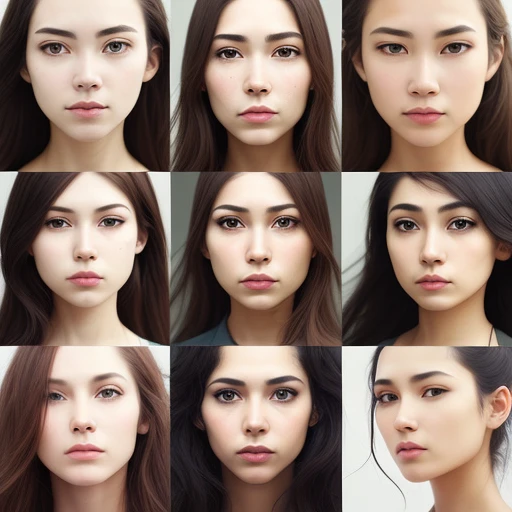 nine separate frames, detailed face, random proportions a woman face and random facial features and random race, best quality, artistic photography