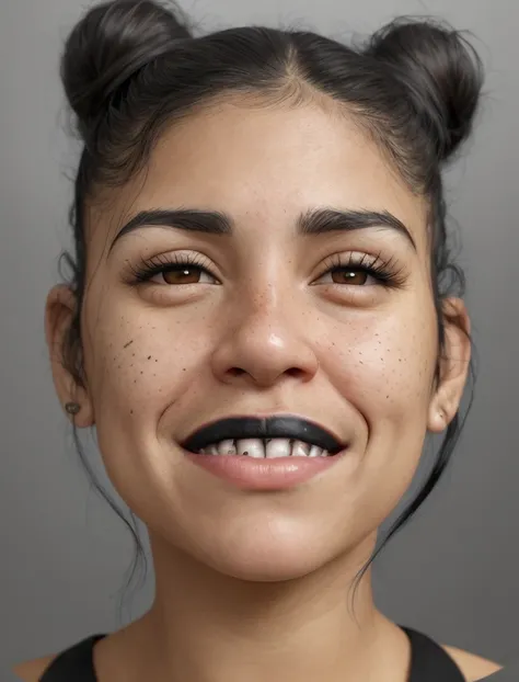 a closeup portrait, photo of a (smiling:0.6) girl, (latina:1.3), (freckles:0.7), large teeth, bushy eyebrows, dimples, brunette, (huge square lower jaw:1.4), (broad nose:0.5), black hair, (total black eyes:1.5), (one high bun hairstyle:1.1)