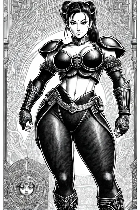 (fullbody:1.3), Chun-li, detailed eyes, looking at the camera, (smirk:1.4), intricate background, hyper detailed background, monochrome, by Kentaro Miura