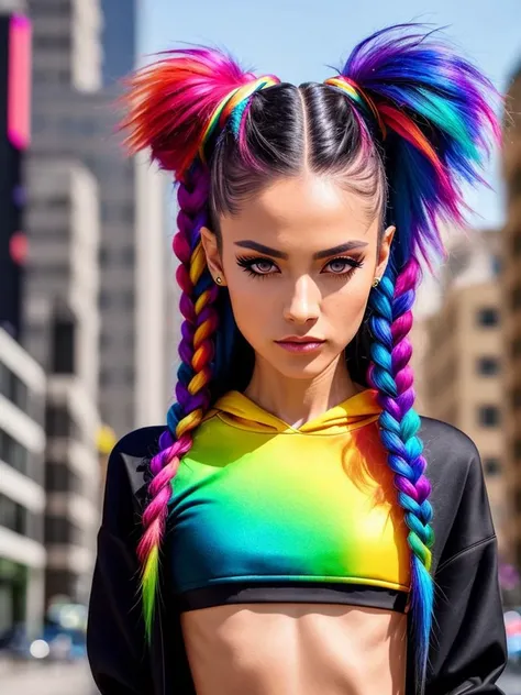 professional modelshoot style photo elegant woman, black croptop hoodie, in the city, rainbow colored pony tail, rainbow braids, realistic, sharp focus, 8k high definition, insanely detailed, intricate, elegant, on summers day, tight top, wing eyeliner, eyeliner wings, skinny jeans, hyper-realistic, ultra detailed, rainbow hair