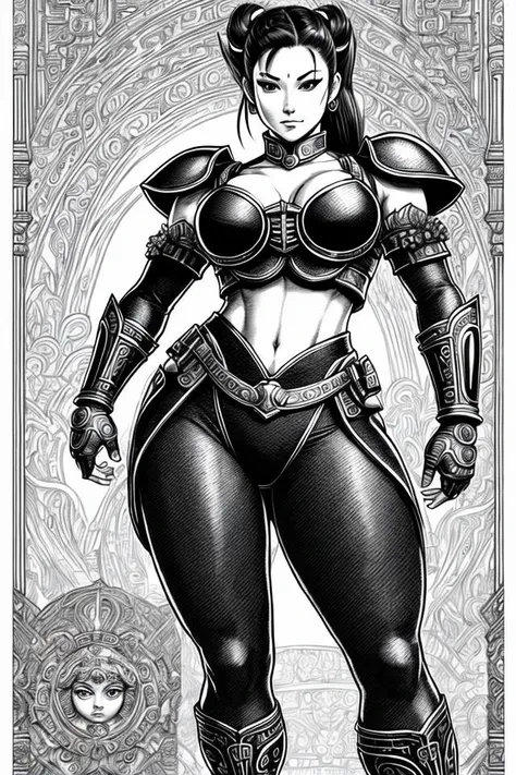 (fullbody:1.3), Chun-li, detailed eyes, looking at the camera, (smirk:1.4), intricate background, hyper detailed background, monochrome, by Kentaro Miura