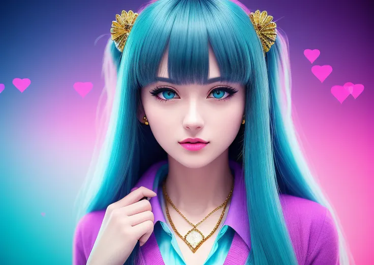 redshift style, (analog style:1.2), sexy, realistic, photo shoot, professional, high contrast, 1girl, solo, expressive look, hearts, light blue eyes, detailed eyes, eyes by Ilya Kuvshinov style, sharp pupils, realistic pupils, very long hair, flowing hair, aqua hair, glitter makeup, gloss lips, stud earrings, jewelry, gold necklace, perfect face, upper body, small lips, face shot, (closeup:1.2), (extreme closeup:1.2), cleavage, breast focus, from above, masterpiece, best quality, HDR, viewpoint, highest quality, sharp focus, looking at viewer, facing viewer, 8k, abstract background, colorful background, pink hearts in background, skin pores, intricate skin texture, realistic skin, asymmetrical bangs, hair flaps, button-up shirt, cyan shirt, serafuku, school girl uniform, cardigan, [(colorful explosion psychedelic paint colors:1.2)::0.2], cromulent, cold, dynamic lights, bokeh, glowing background,