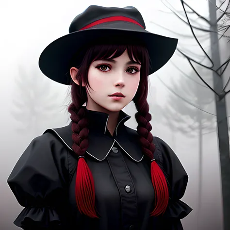a girl, close up , outdoors, fog, brown hair, long twintails, Hexagram Hat, black and red outfit, puffy sleeves, artstation, (cinematic:1.1), (dark atmosphere:1.2), hdr, (muted colors:1.2)