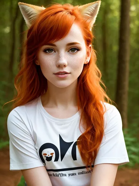 a closeup portrait of a playful foxie woman, undercut hair, women's shirt, amazing body, pronounced feminine feature, forest, ginger hair, freckles, flirting with camera