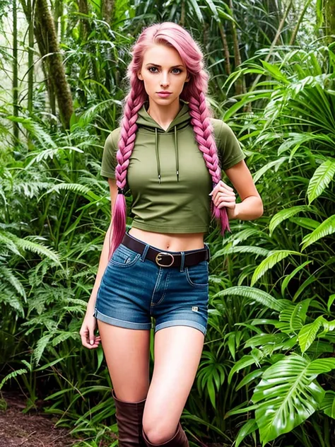 professional modelshoot style photo woman, green croptop hoodie, green jeans shorts, pony tail, braids, in jungle, mist, vegetation, rain forest, wearing brown backpack, brown belt, realistic, sharp focus, 8k high definition, insanely detailed, intricate, elegant, on summers day, wing eyeliner, eyeliner wings, hyper-realistic, ultra detailed, pink hair, Over-the-knee boots