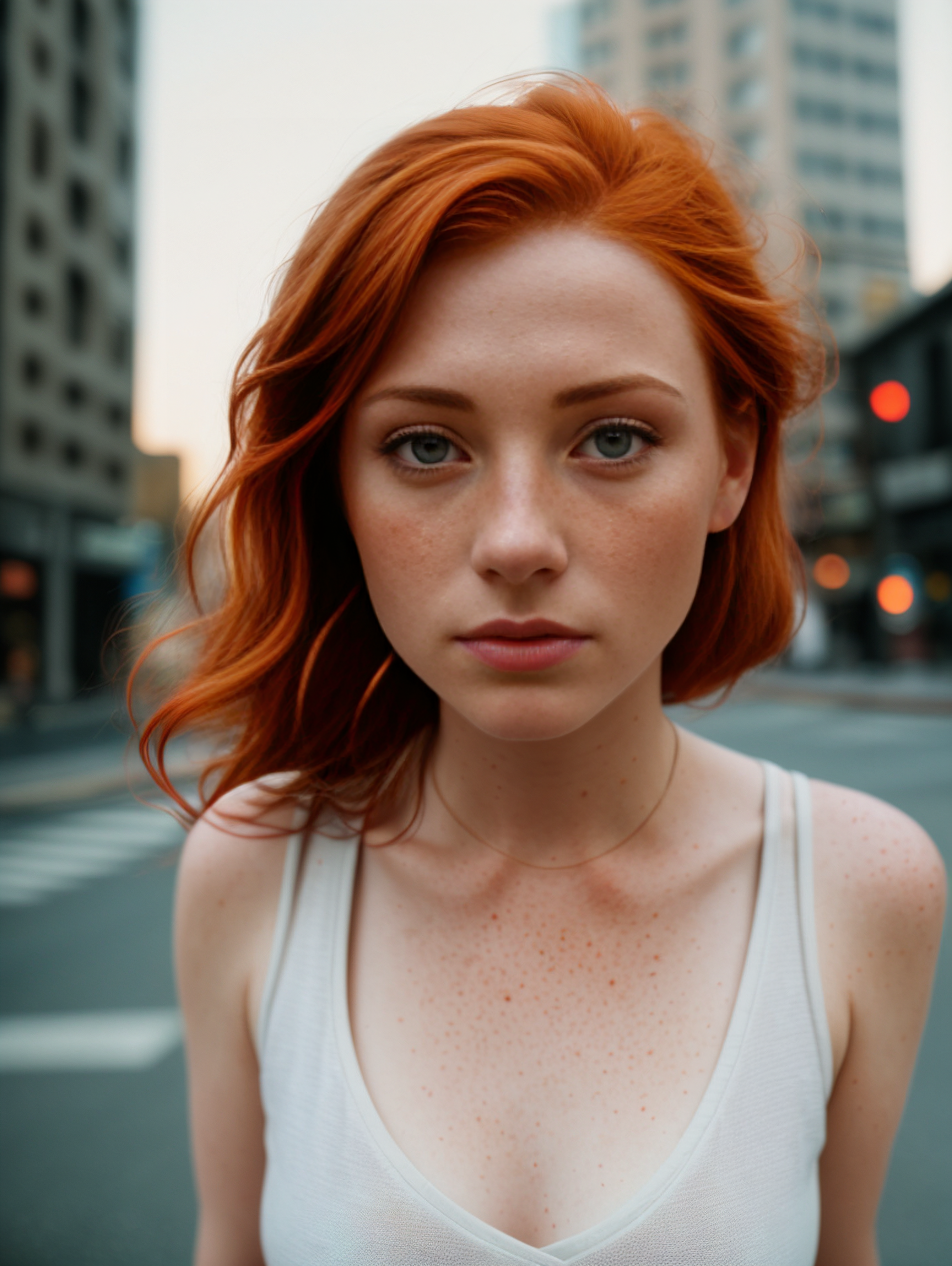 Arafed woman with red hair and white tank top standing in the middle of ...