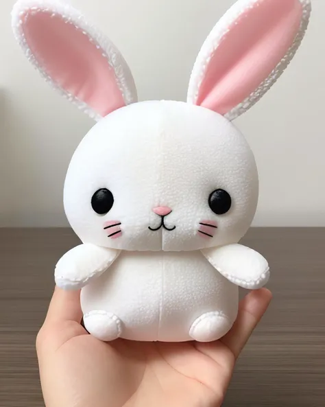 Cute kawaii Squishy rabbit plush toy,  visible stitch line, modular constructivism, square image,chibi,2023,happy new year, plush toys, stuffed toy, plush toy, realistic, highly detailed, ultra high quality, (rabbit ears:1.1),