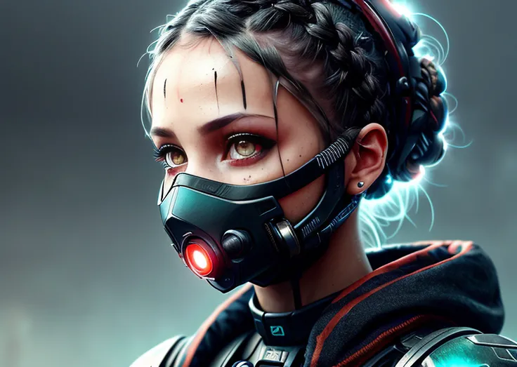 a robo-girl with head braid apocalypse atmosphere in the background, ((oxygen cyber-mask on the face)), ((((red eye:1)))), (((robo-eyes:1))), focus eyes, detailed eyes, great eyelashes, one eye close a bit, (closeup:1.2), creative, cyberpunk, many mechanic parts and detailed, epic realistic, faded, neutral colors, ((((HDR)))), ((((muted colors)))), insane details, intricate scene, artstation, (hyperdetailed:1.1), cinematic shot, warm lights, dramatic light, (intricate details:1.1), vignette, complex background, [[teal and orange]], slate gray atmosphere, (vsco:0.3)