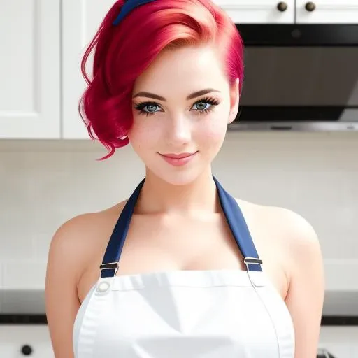 a closeup portrait of a playful maid, undercut hair, apron, amazing body, pronounced feminine feature, busty, kitchen, [ash blonde | ginger | pink hair], freckles, flirting with camera