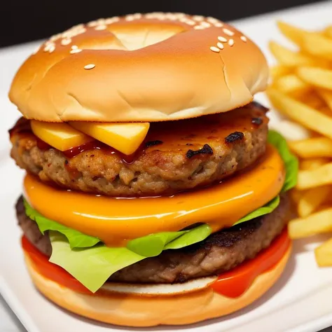 4k, juicy shiny burger with french fries