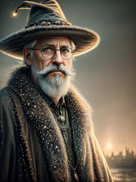 a portrait photo Old man, Merlin, dirty, freezing, masterpiece, (beautiful detailed eyes:1.1), best quality, big mustache, illustration, (detailed lighting:1.4), detailed water, (beautiful detailed glow:1.3), fur coat, thick fur, witch hat, old glasses, intricate, digital painting, smooth, sharp focus, end of the world, epic realistic, (hdr:1.4), (muted colors:1.4), apocalypse, abandoned, neutral colors, night, screen space refractions, (intricate details), (intricate details, hyperdetailed:1.2), artstation, cinematic shot, vignette, complex background, building, magic firefly