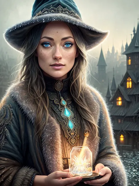 a portrait photo Olivia Wilde, dirty, freezing, masterpiece, (beautiful detailed blue eyes:1.2), best quality, big mustache, illustration, (detailed lighting:1.4), detailed water, (beautiful detailed glow:1.5), fur coat, thick fur, witch hat, old glasses, intricate, digital painting, smooth, sharp focus, end of the world, epic realistic, (hdr:1.4), (muted colors:1.4), apocalypse, abandoned, neutral colors, night, screen space refractions, (intricate details, hyperdetailed:1.3), artstation, cinematic shot, vignette, complex background, old building, magic firefly