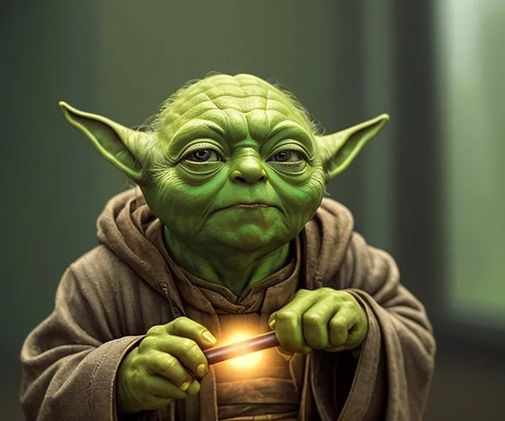 4k, a low Master Yoda with a cane, eye contact, male_focus, background indoors, precisionism,, ((((cinematic look)))), soothing tones, insane details, intricate details, hyperdetailed, low contrast, soft cinematic light, dim colors, exposure blend, hdr, faded, slate gray atmosphere