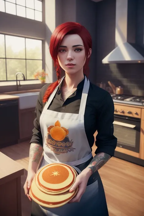 a woman with tattoo, (([red|black] hair)), long hair, wearing a black apron, hold pancakes with honey, cooking, look at viewer, kitchen, indoors, (soothing tones:1.0), (hdr:1.25), (artstation:1.2), dramatic, (intricate details:1.14), (hyperrealistic 3d render:1.16), (filmic:0.55), (rutkowski:1.1), (faded:1.3)