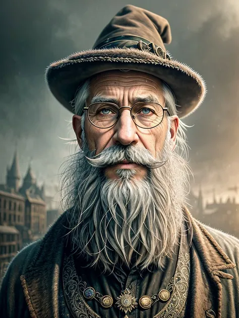 a portrait photo Old man, Merlin, dirty, masterpiece, (beautiful detailed eyes:1.1), best quality, big mustache, illustration, (detailed lighting:1.4), (beautiful detailed glow:1.3), fur coat, thick fur, witch hat, old glasses, intricate, digital painting, smooth, sharp focus, end of the world, epic realistic, (hdr:1.4), (muted colors:1.4), apocalypse, abandoned, neutral colors, night, screen space refractions, (intricate details), (intricate details, hyperdetailed:1.2), artstation, cinematic shot, vignette, complex background, building