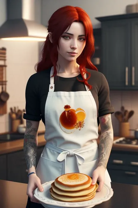 a woman with tattoo, (([red|black] hair)), long hair, wearing a black apron, hold pancakes with honey, cooking, look at viewer, kitchen, indoors, (soothing tones:1.0), (hdr:1.25), (artstation:1.2), dramatic, (intricate details:1.14), (hyperrealistic 3d render:1.16), (filmic:0.55), (rutkowski:1.1), (faded:1.3)