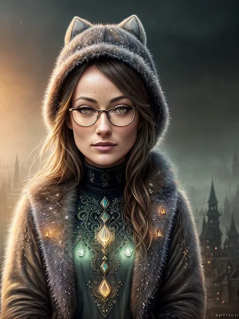 a portrait photo Olivia Wilde, dirty, freezing, masterpiece, (beautiful detailed eyes:1.1), best quality, big mustache, illustration, (detailed lighting:1.4), detailed water, (beautiful detailed glow:1.5), fur coat, thick fur, witch hat, old glasses, intricate, digital painting, smooth, sharp focus, end of the world, epic realistic, (hdr:1.4), (muted colors:1.4), apocalypse, abandoned, neutral colors, night, screen space refractions, (intricate details, hyperdetailed:1.3), artstation, cinematic shot, vignette, complex background, old building, magic firefly