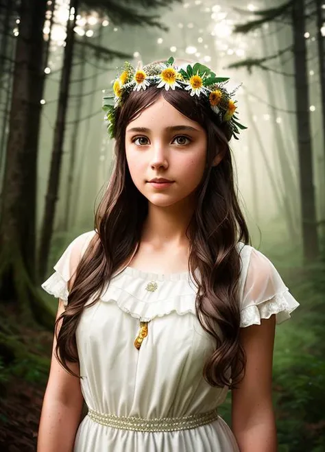 A portrait of a girl in a wet white dress, Shiny brown hair, Chamomile wreath on head, cloesup shot, Mystical forest in the background, HDR, tint, Cinematic, F/2.8, Lens Flare, Sunlight, Cinematic Lighting, ultra detailed