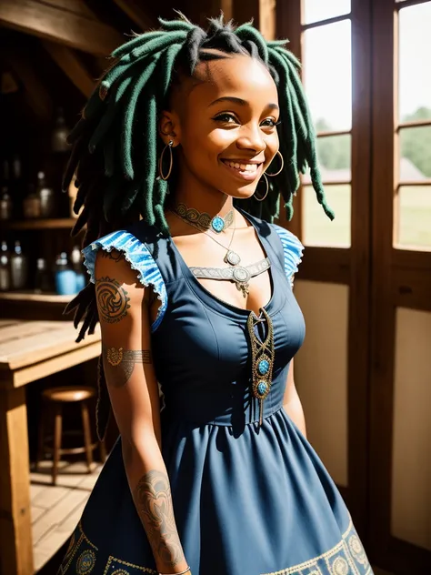 a portrait photo of a black girl, smiling, tattoo, blue dreads, (folk dress:1.3), Ukrainian short dress, pronounced feminine feature, insane details, intricate details, hyperdetailed, complex background, medieval tavern, indoors